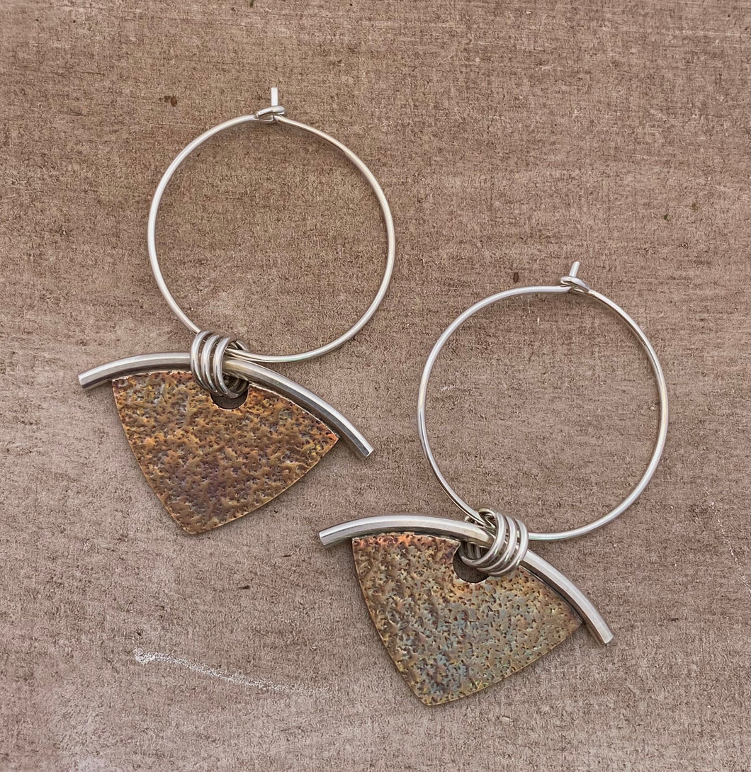 Bronze and Sterling Triangle Drop Hoop