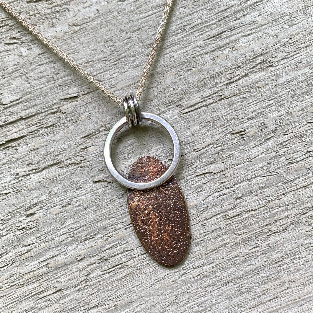 Bronze Oval, Gold Fusing and Sterling Ring Pendant on Chain