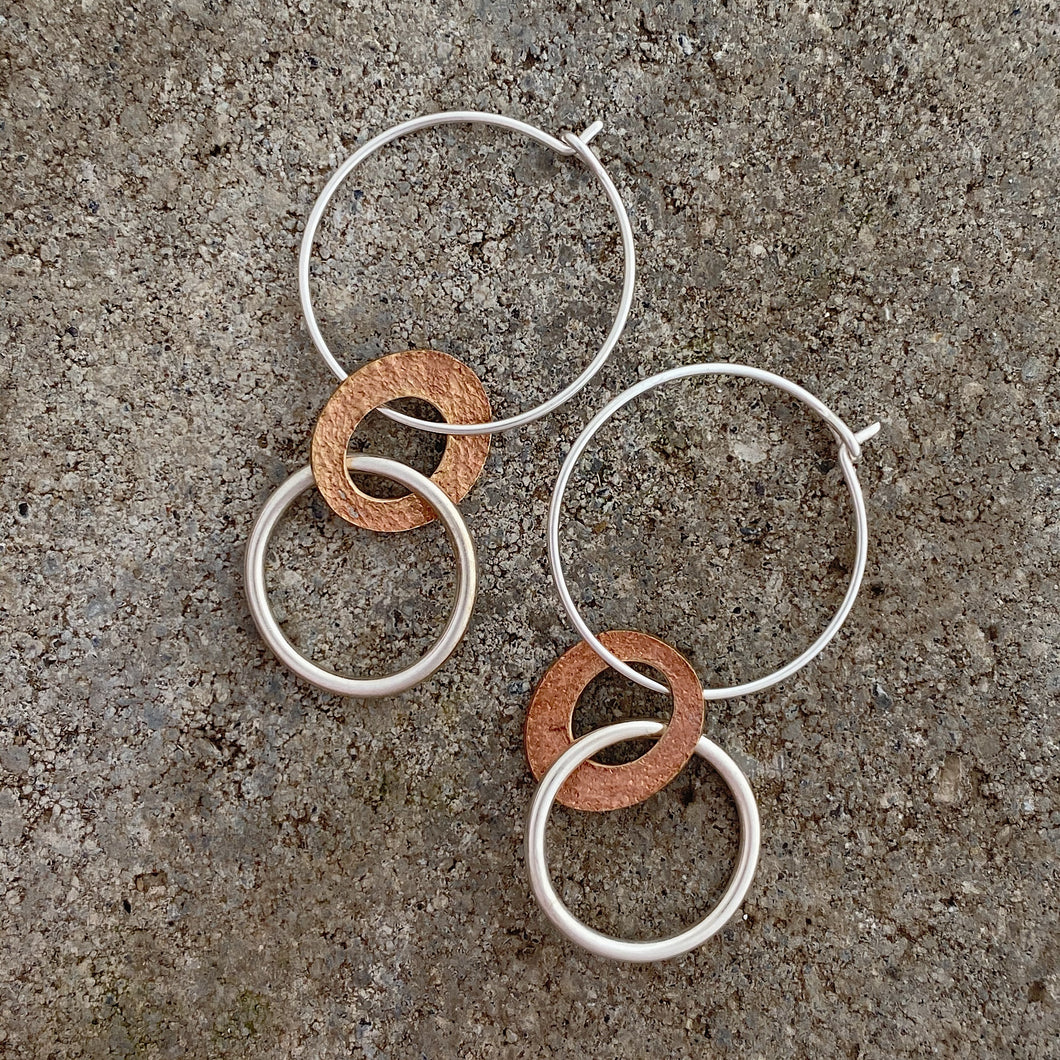 Sterling and Bronze Three Ring Earrings