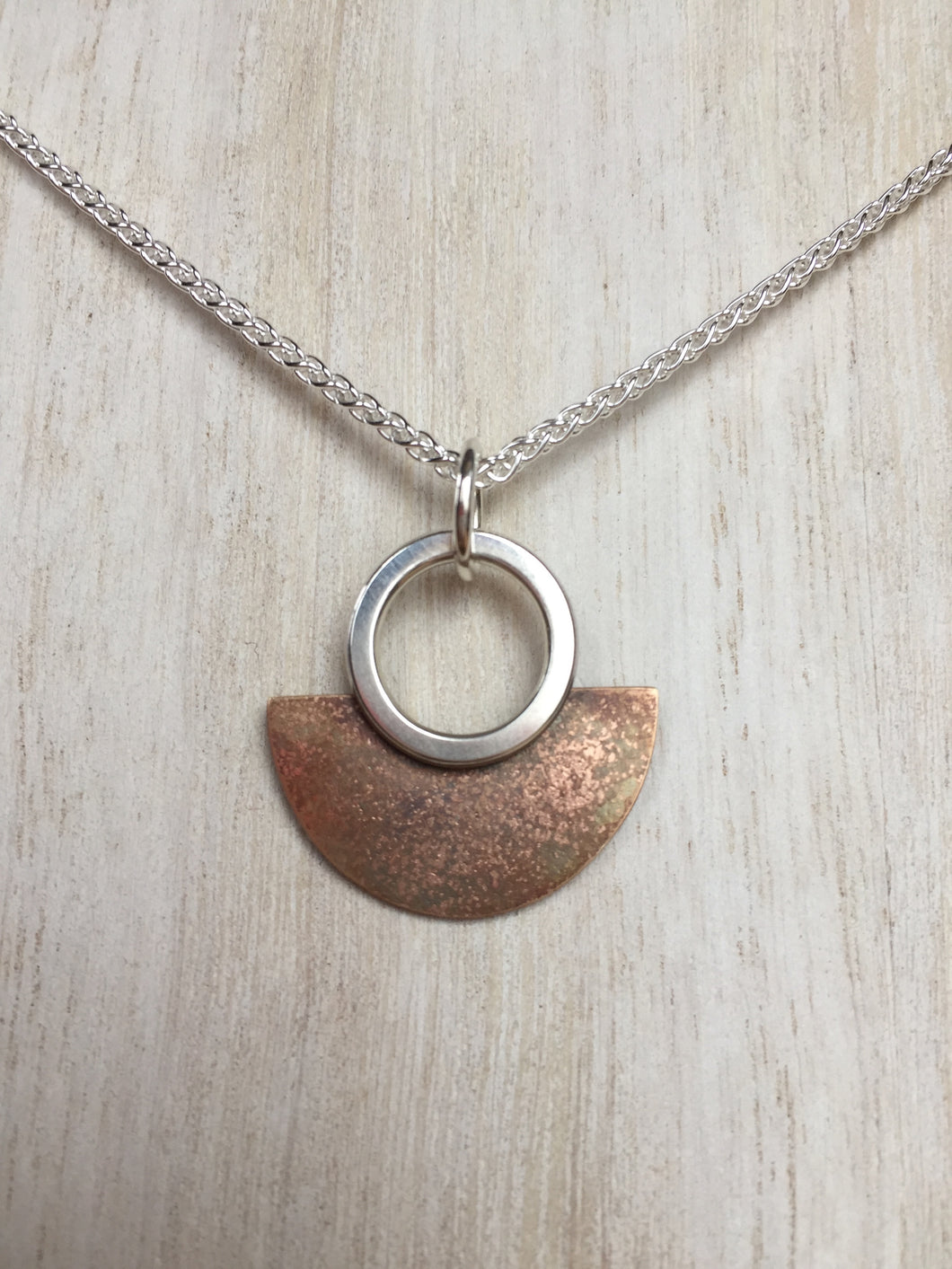 Sterling Ring Pendant with Bronze and Fused Gold Half Circle on Chain